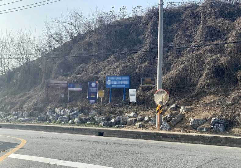 처인구 양지면 양지IC 부근 도로변에 설치된 불법 지주간판들