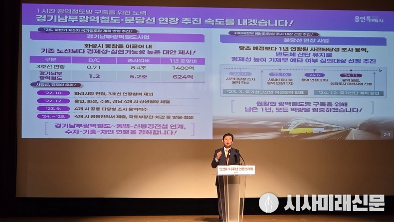 이상일 용인특례시장이 지난 23일 민선8기 취임3주년 언론브리핑에서 지역의 철도노선 구축계획에 대해 설명하고 있다.(사진=김은숙 기자)