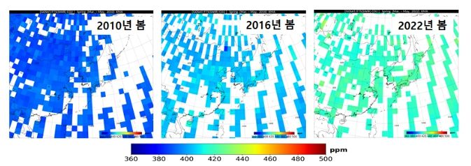 최근 12년간 동북아시아 지역 이산화탄소 농도변화 (GOSAT 위성)