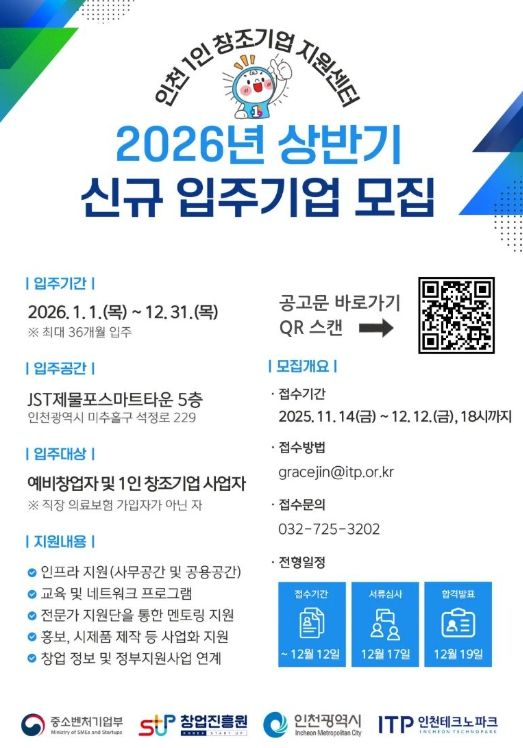 인천TP, ‘1인 창조기업 지원센터’ 입주기업 모집