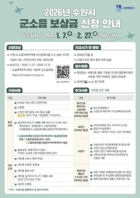 2026년 군소음 피해보상금 신청 안내문