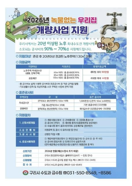 구리시, 2026년 녹물 없는 우리 집 수도관 개량 사업 신청 접수