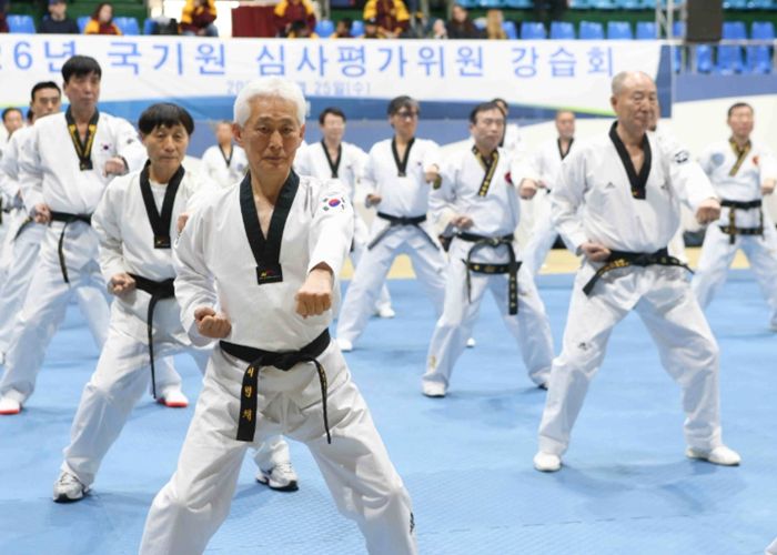 심사평가위원들이 국기원 중앙수련장에서 실기교육을 받고 있다.