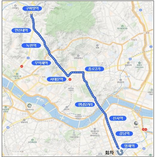 A741 운행 개요- 운행구간 : 구파발역~독립문~광화문역~강남역~양재역(편도 23.5km)